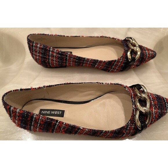 Nine West Tweed Pointed Toe Flats 7M Red Blue Chain Embellished Slip On Shoes - Picture 3 of 4